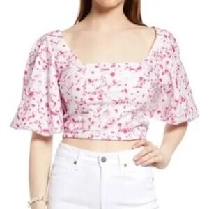 Open Edit Women's Cropped White and Pink Floral Puff Sleeve Ruched Back‎ Top L